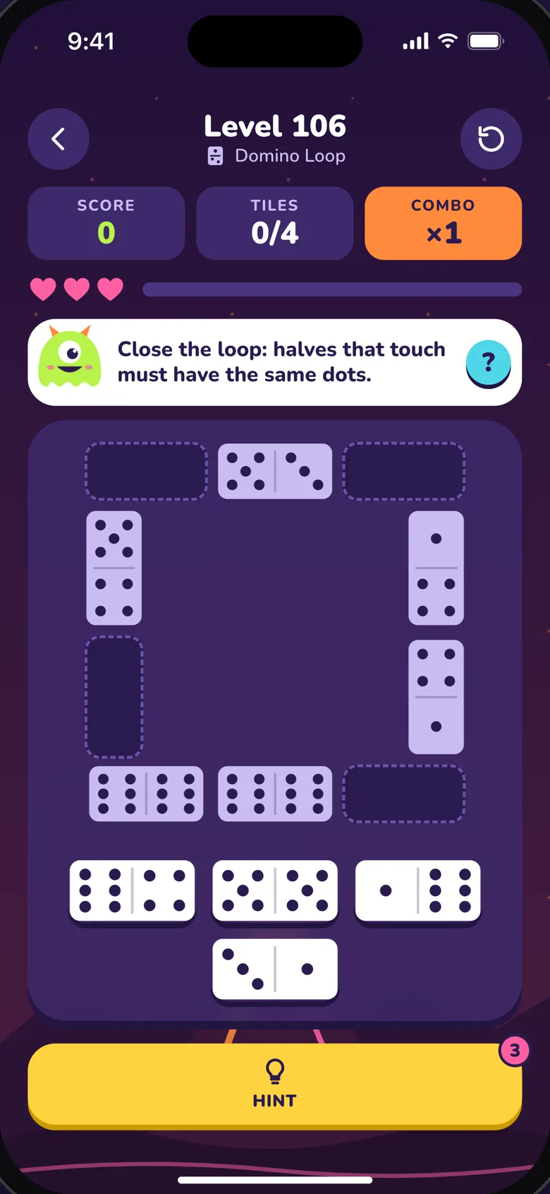 Domino Loop: a ring of dominoes with gaps and spare tiles below.