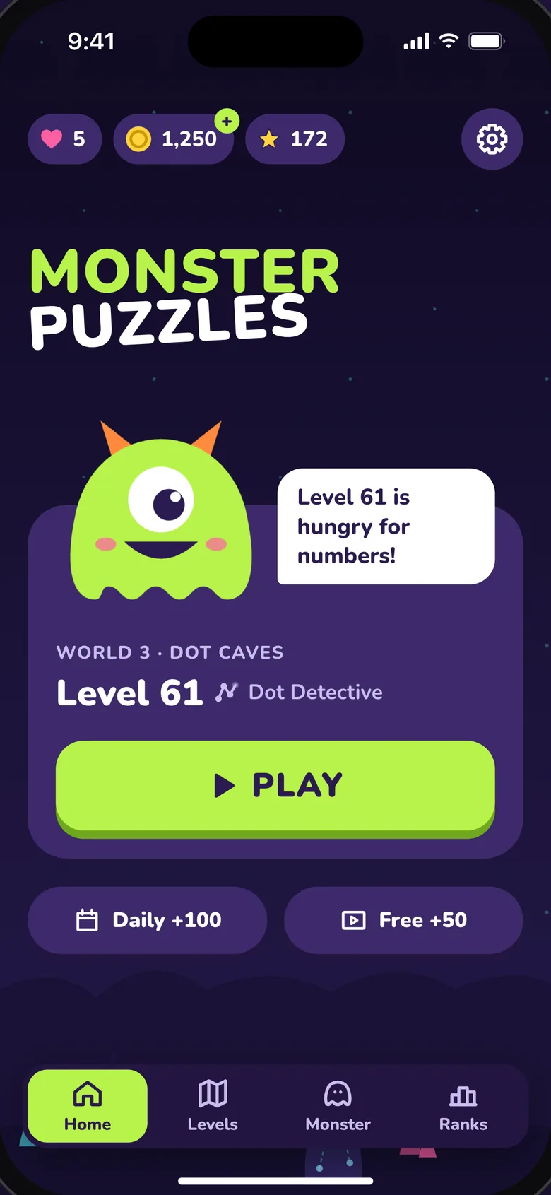 The Monster Puzzles home screen: Gloop says level 61 is hungry for numbers, with a big Play button.