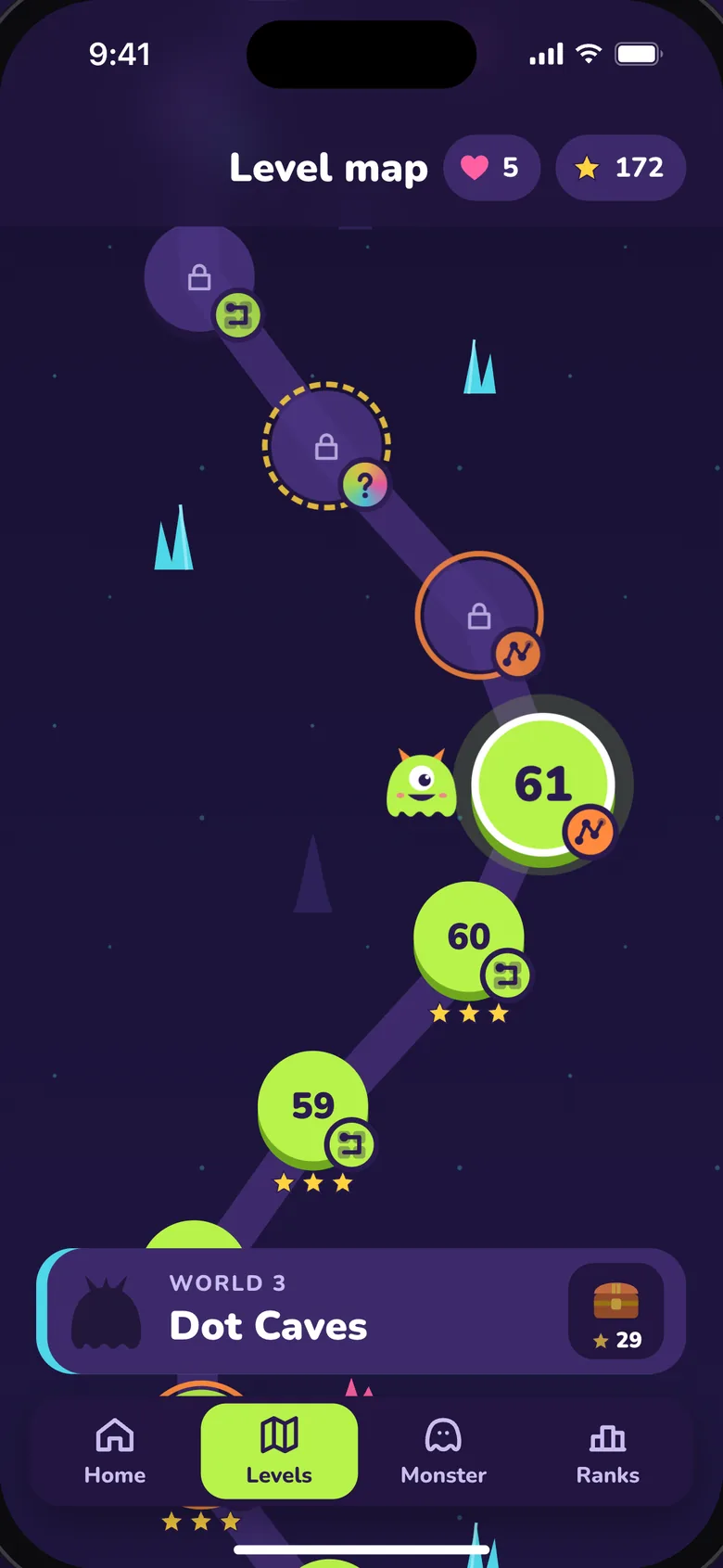 The level map climbing through Dot Caves, with three stars on every finished level.