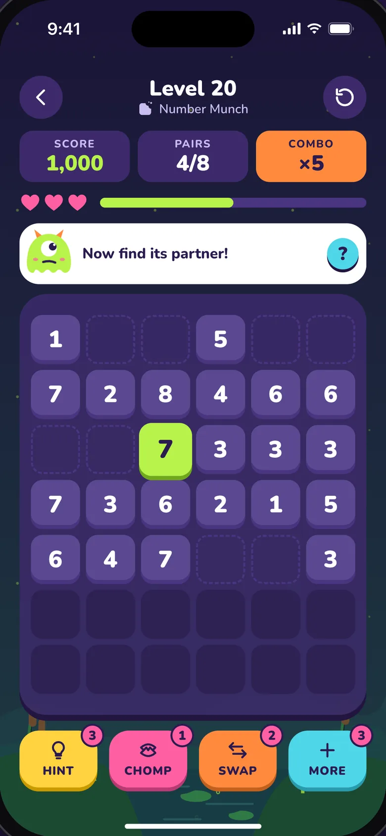 Number Munch: a board of numbers with some pairs already eaten and a combo of five.