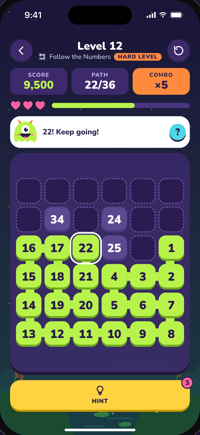 Follow the Numbers: a grid where a green path joins the numbers 1 to 22.