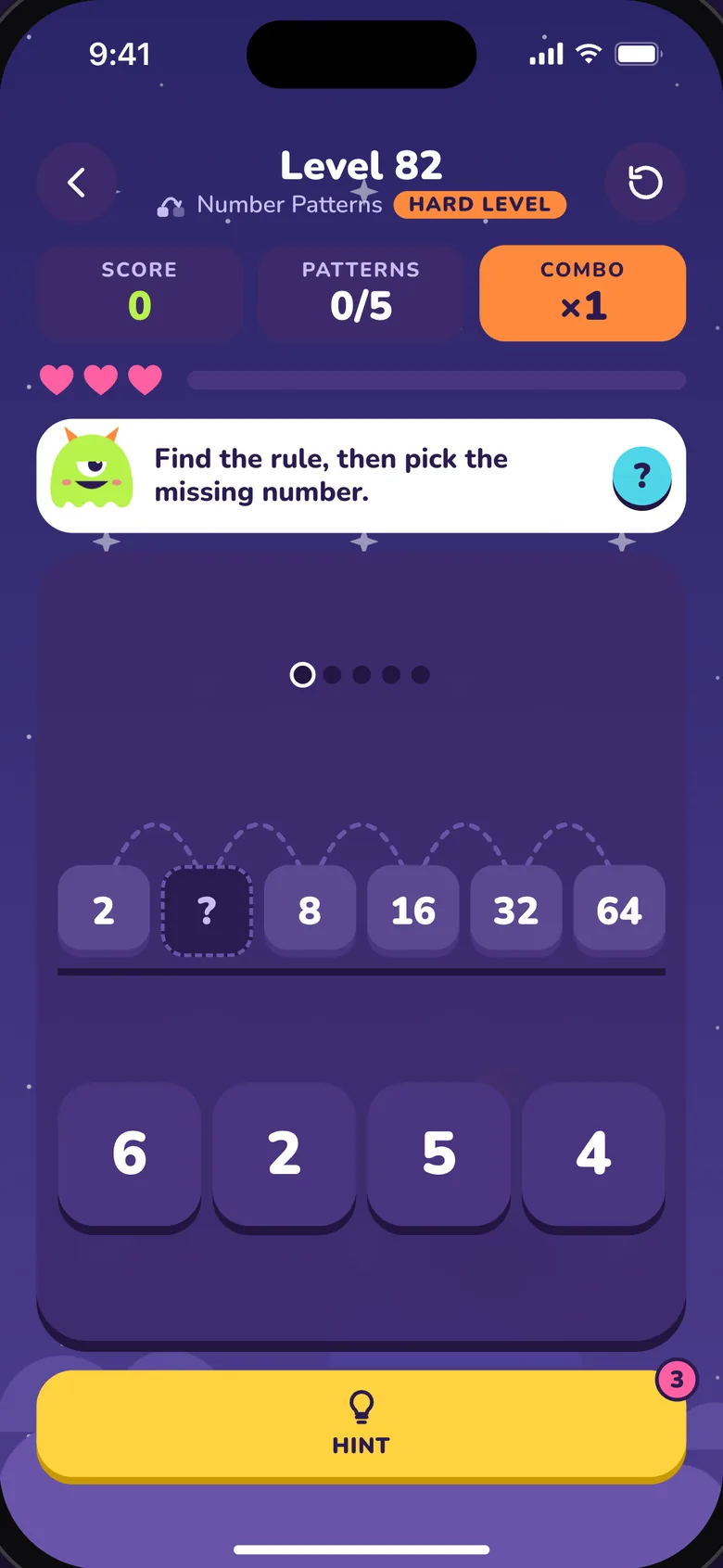 Number Patterns: the row 2, ?, 8, 16, 32, 64 with four numbers to choose from.